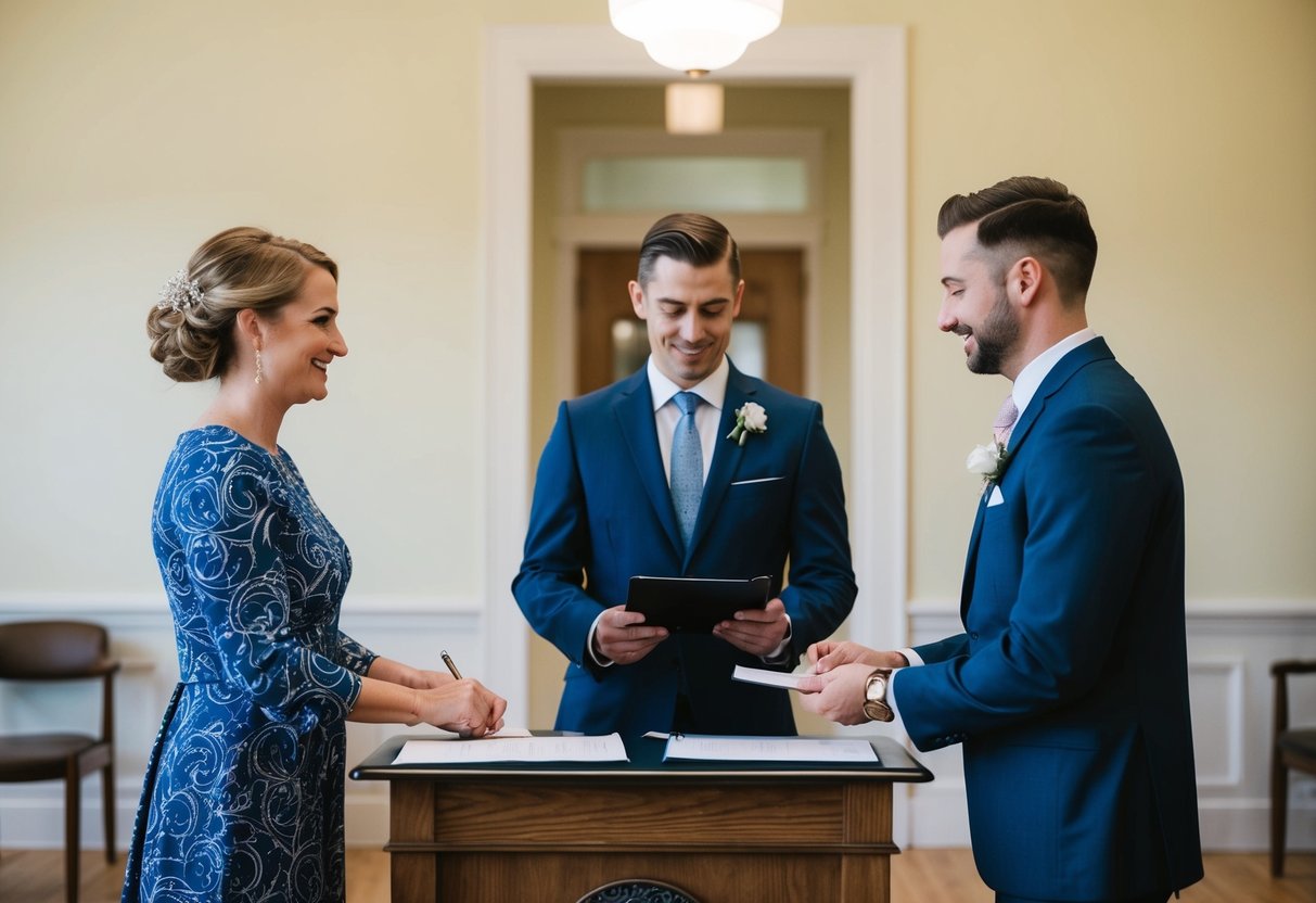 A couple stands before a registrar in a simple, government office, exchanging vows and signing documents