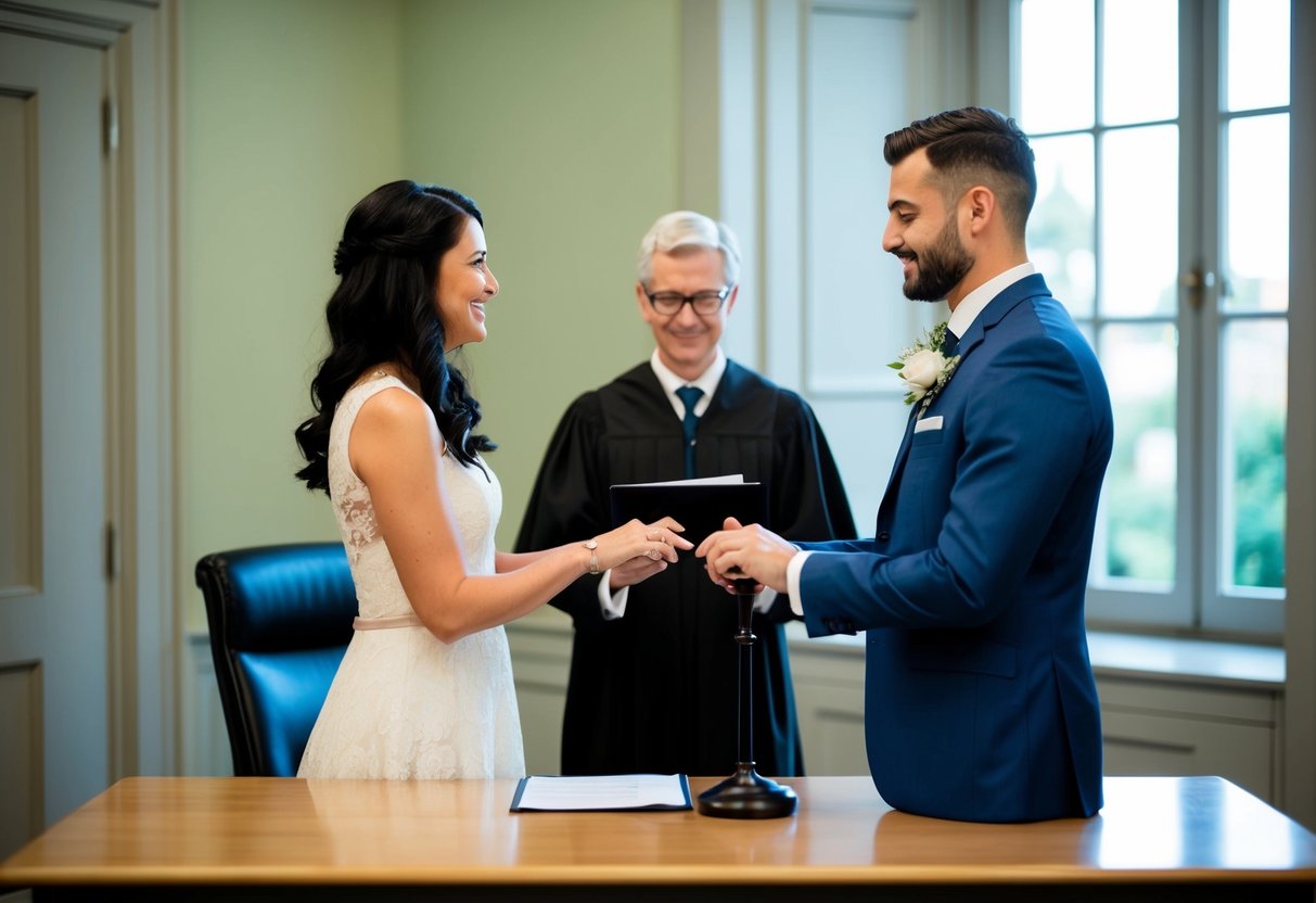 A couple stands before a registrar at a simple desk in a government office, exchanging vows and rings