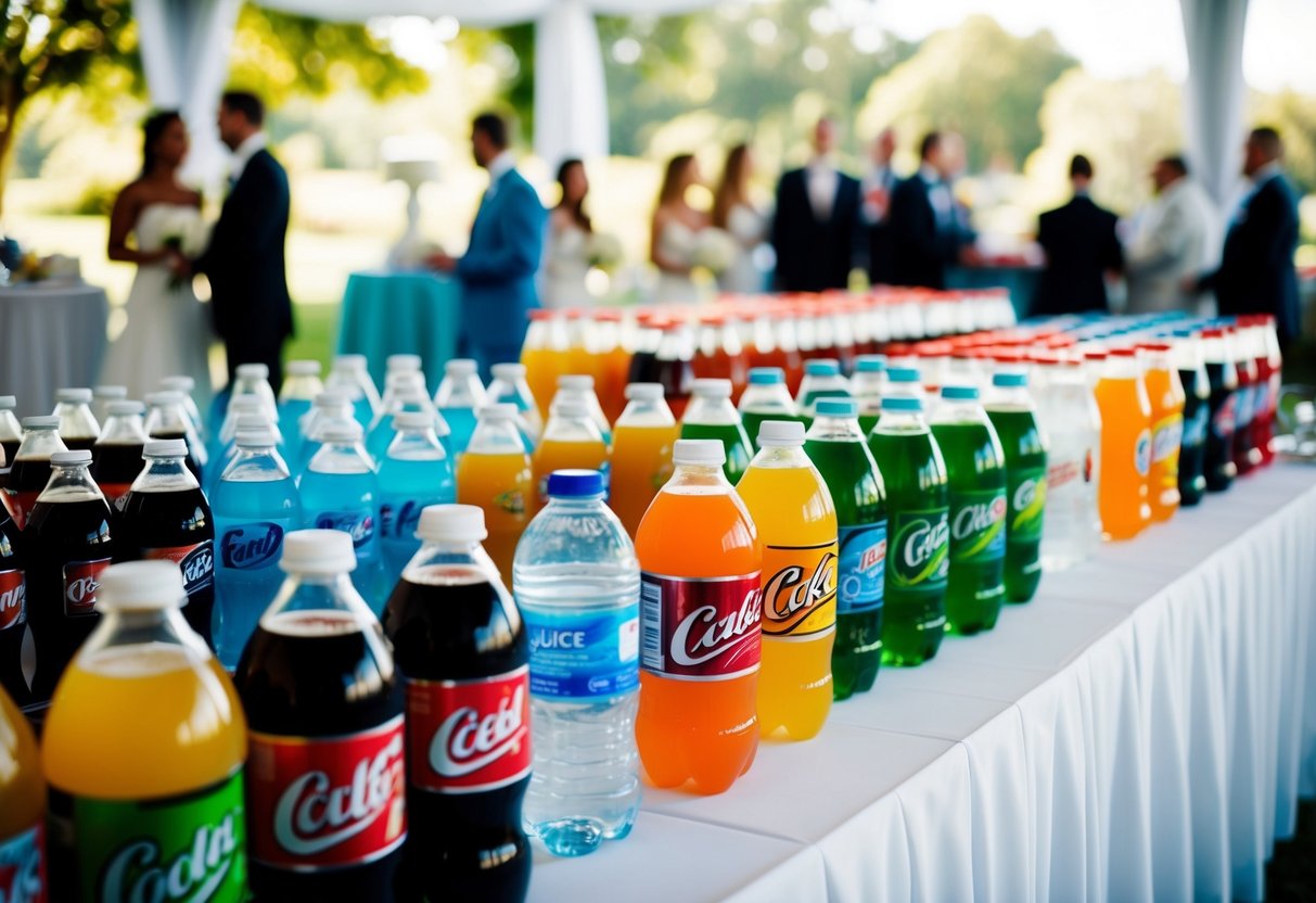 A table with various soft drink options, including soda, juice, and water, displayed in large quantities for a wedding celebration