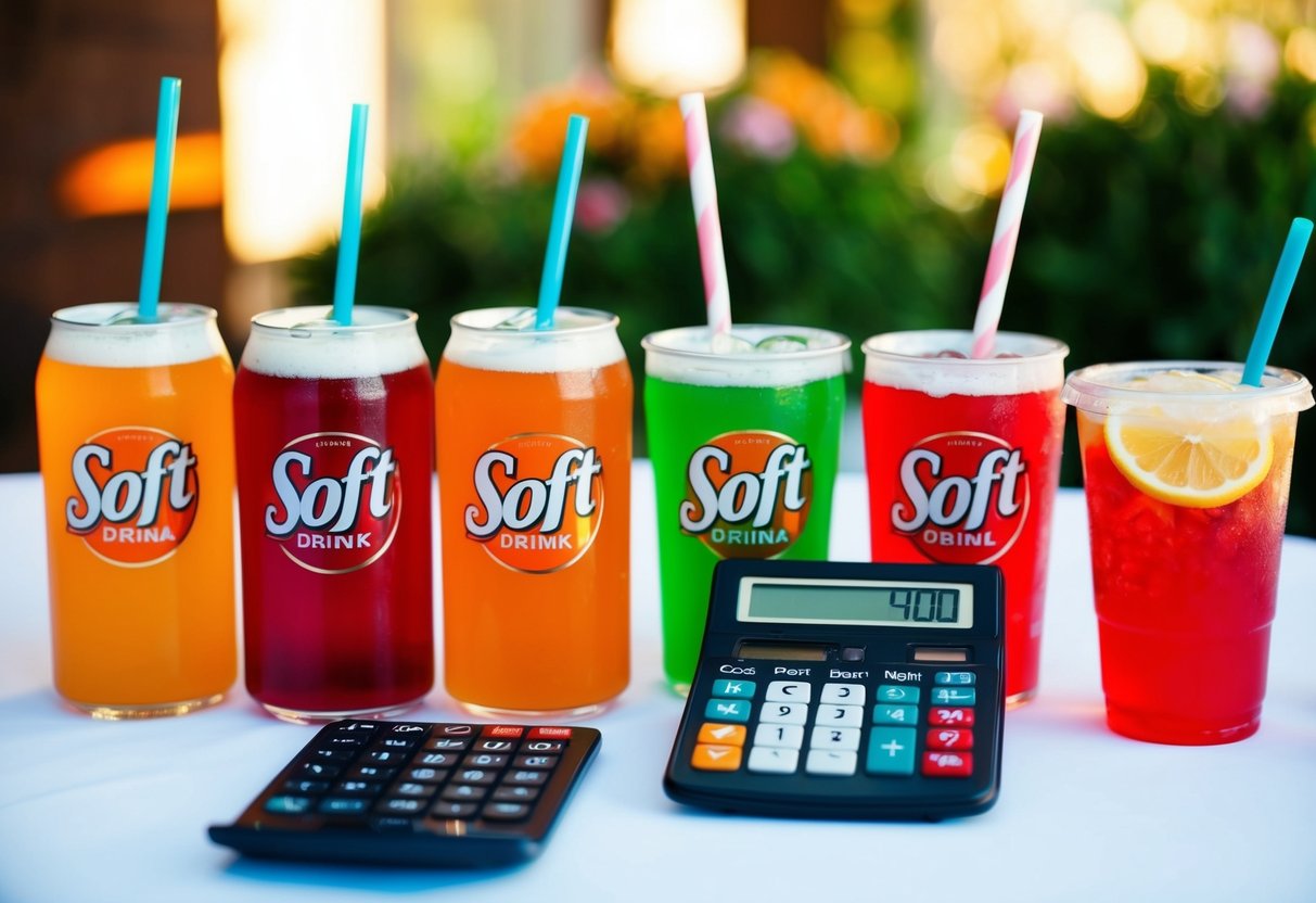A table with various soft drink options and a calculator for estimating guest numbers