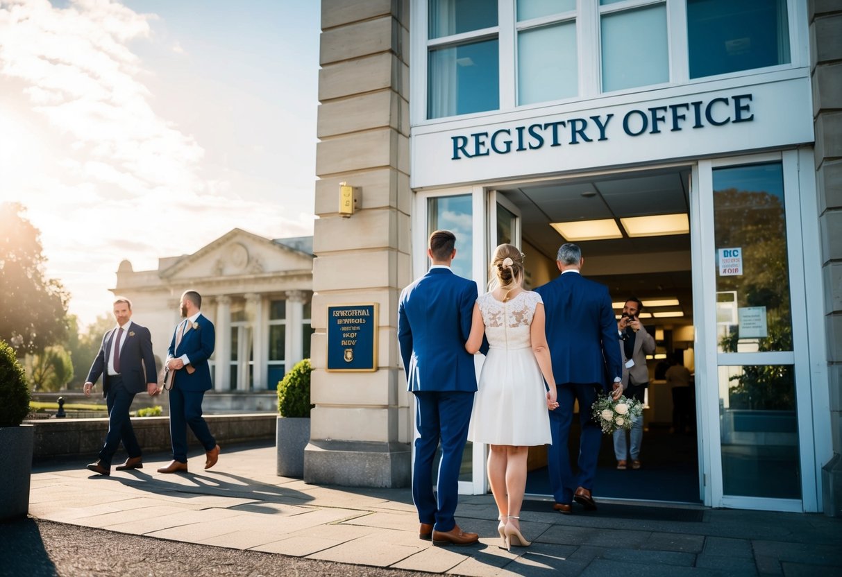 A couple stands at the entrance of a registry office, looking at the building with anticipation. The sun is shining, and there are a few people entering and exiting the building