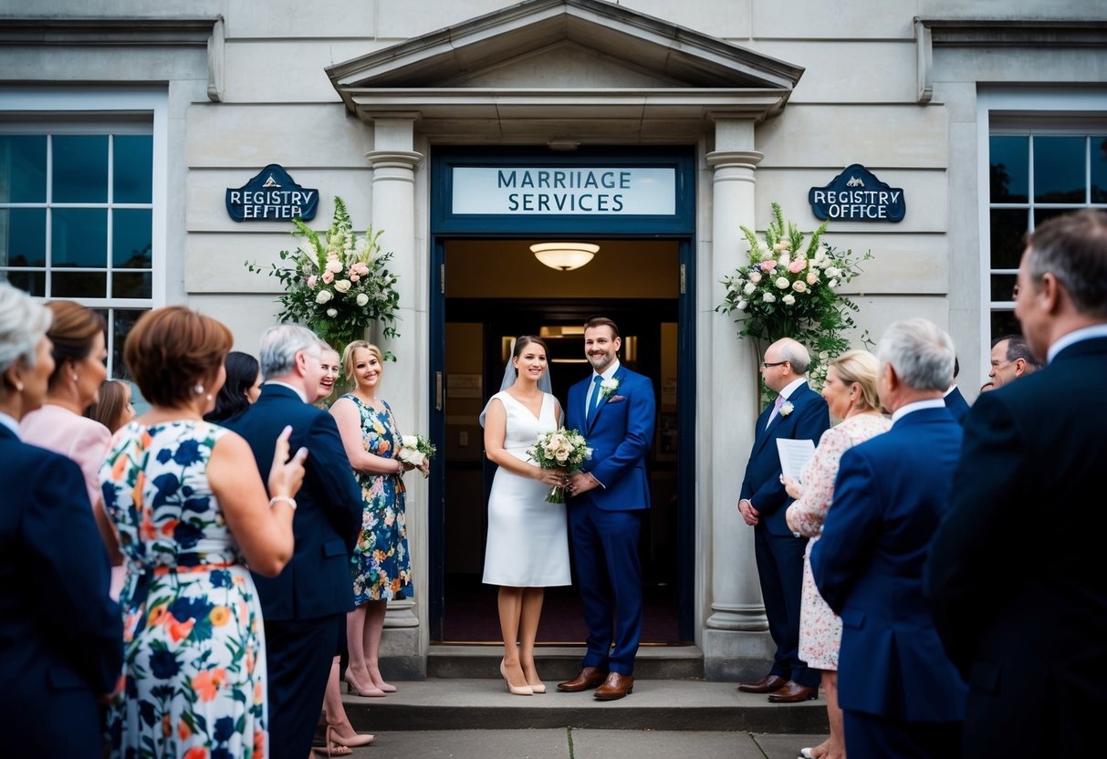 A couple stands at a registry office entrance, surrounded by a small crowd. The building is adorned with flowers and a sign that reads "Marriage Services."