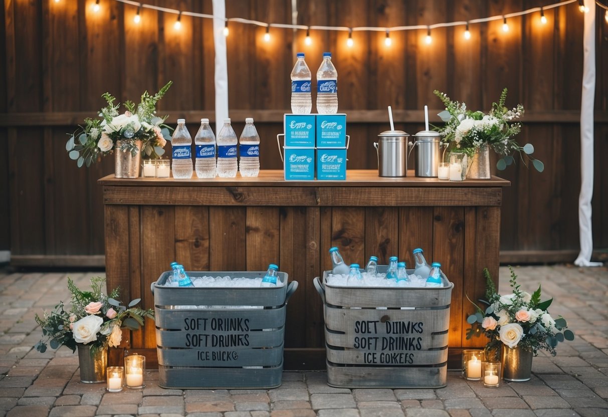 A rustic wedding bar with crates of soft drinks and ice buckets, surrounded by fairy lights and floral decorations