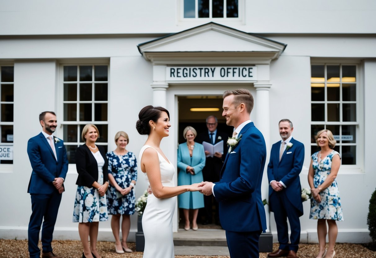A couple stands in front of a registry office, exchanging vows as a small group of family and friends look on. The building is simple yet elegant, with a sign displaying the office hours