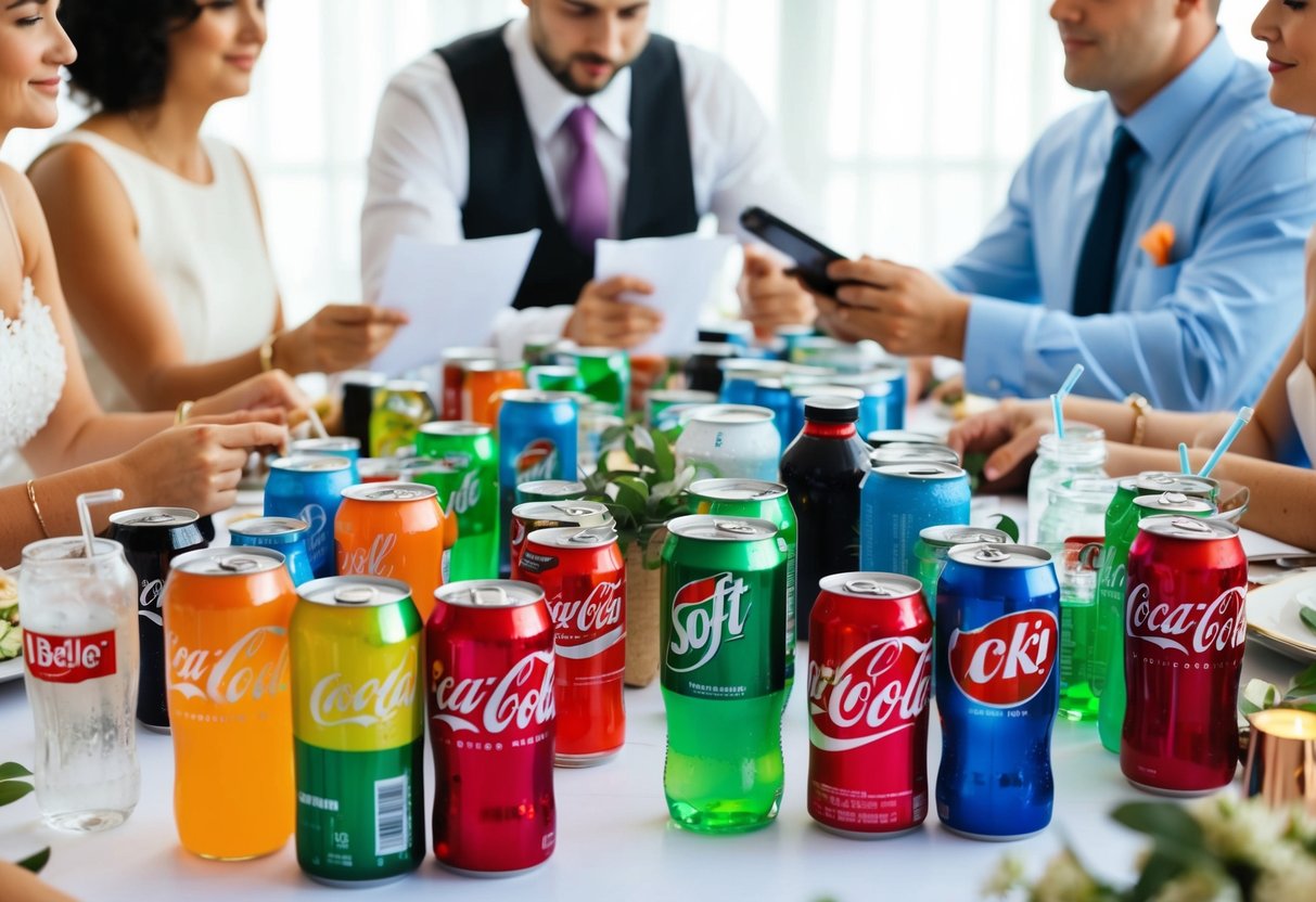 A table filled with various types of soft drinks, surrounded by people discussing and planning for a wedding