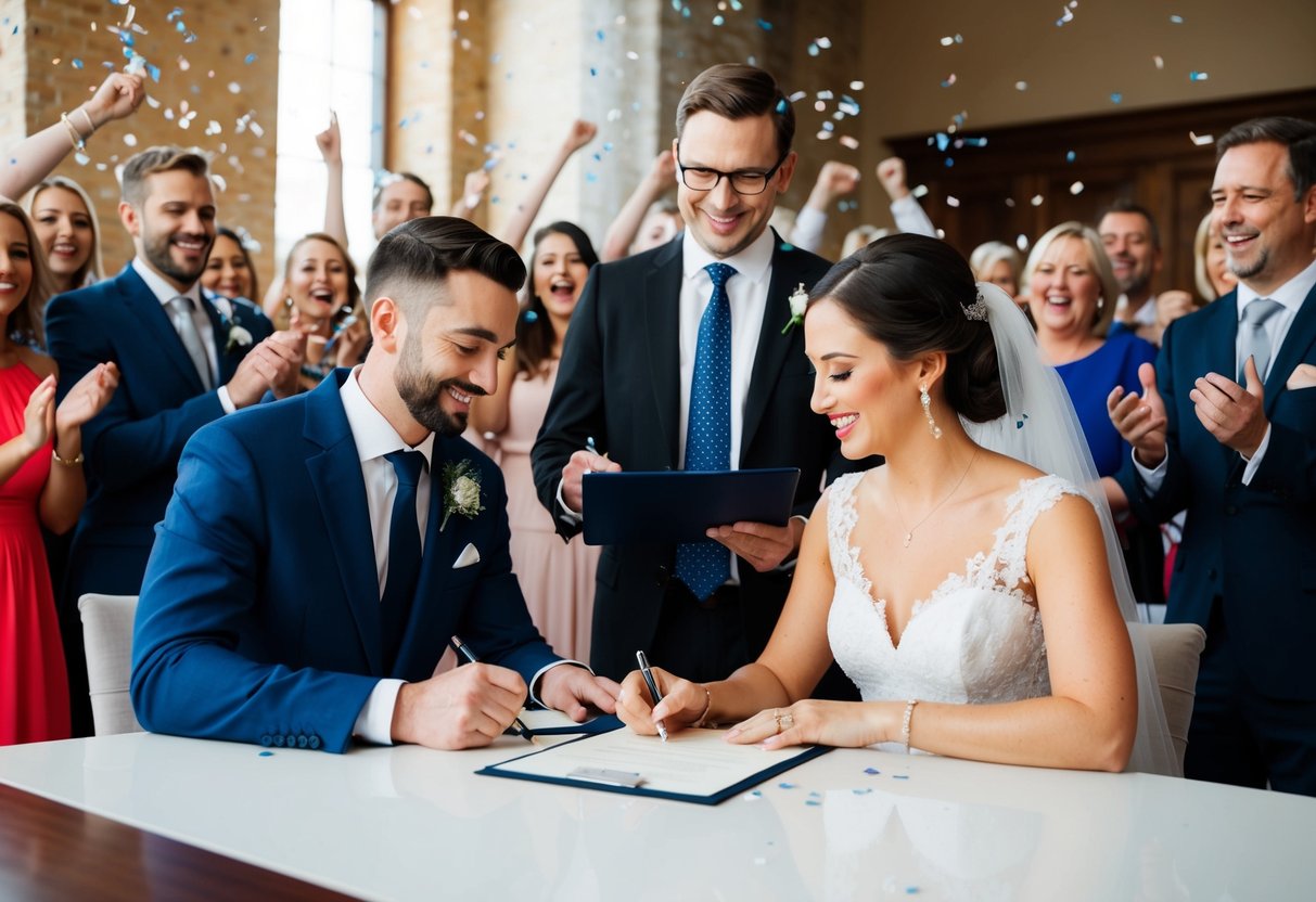 A couple sitting at a table, signing a legal document with a celebrant officiating, while a crowd of people cheer and throw confetti