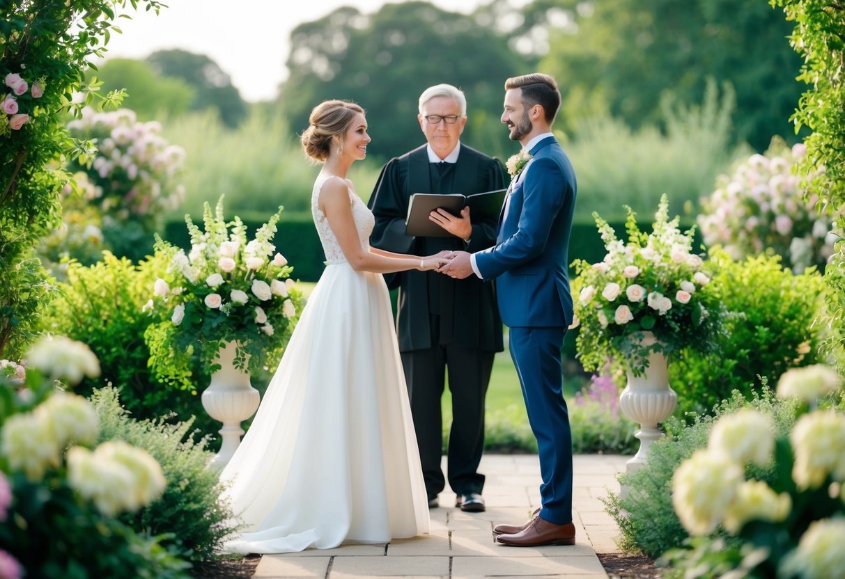 A couple stands before a celebrant in a tranquil garden setting, surrounded by blooming flowers and lush greenery, exchanging vows