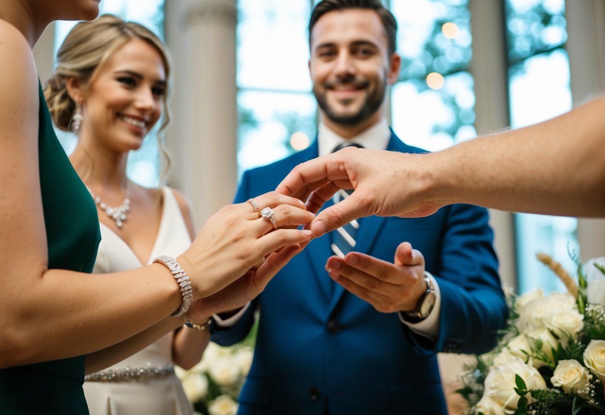 A couple exchanging rings in front of a registrar