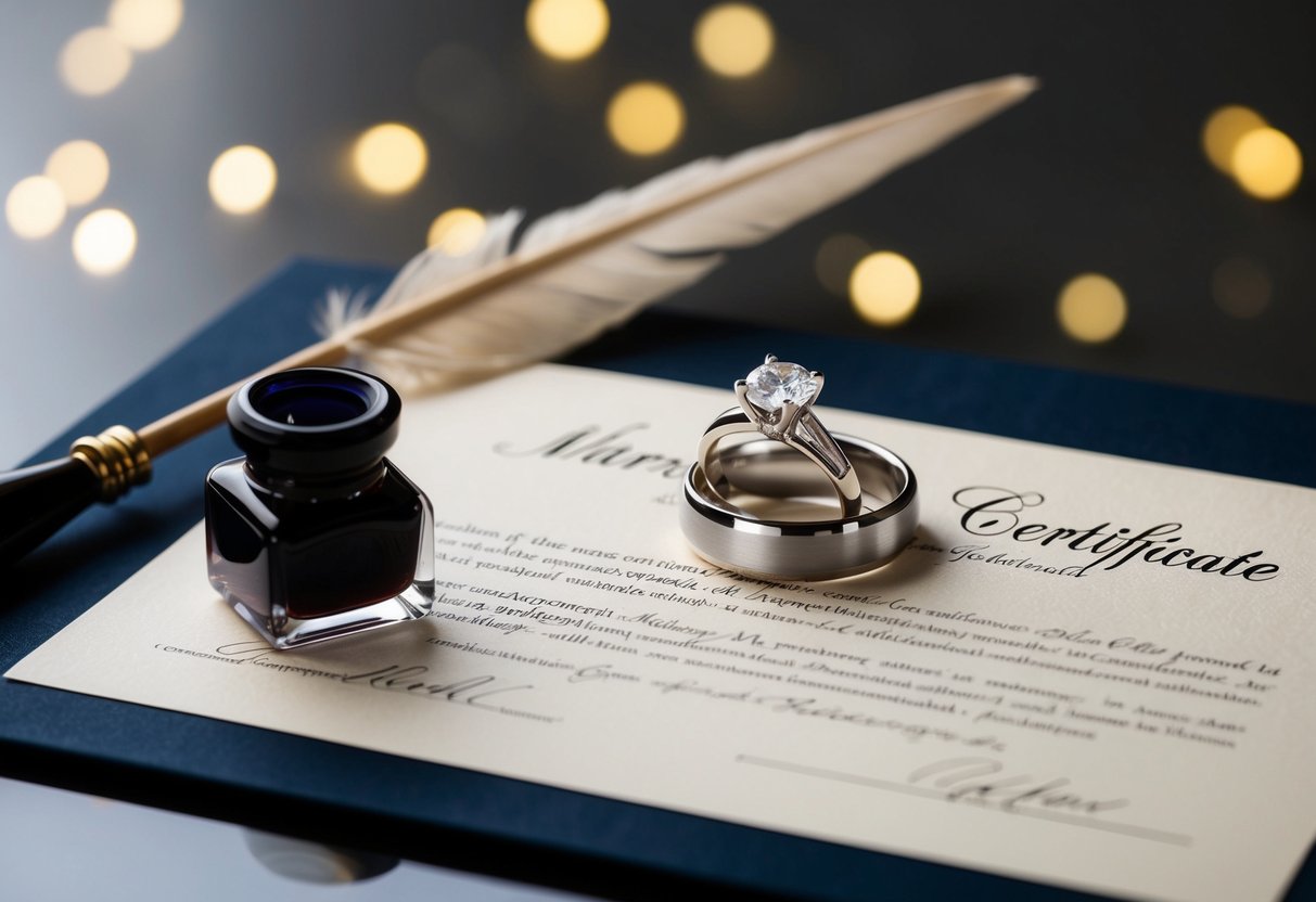 A wedding ring placed on a marriage certificate next to a quill and inkwell
