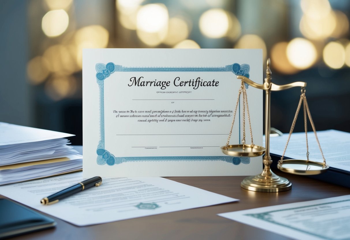 A marriage certificate with a blank space for the date of consummation, surrounded by legal documents and a scale of justice