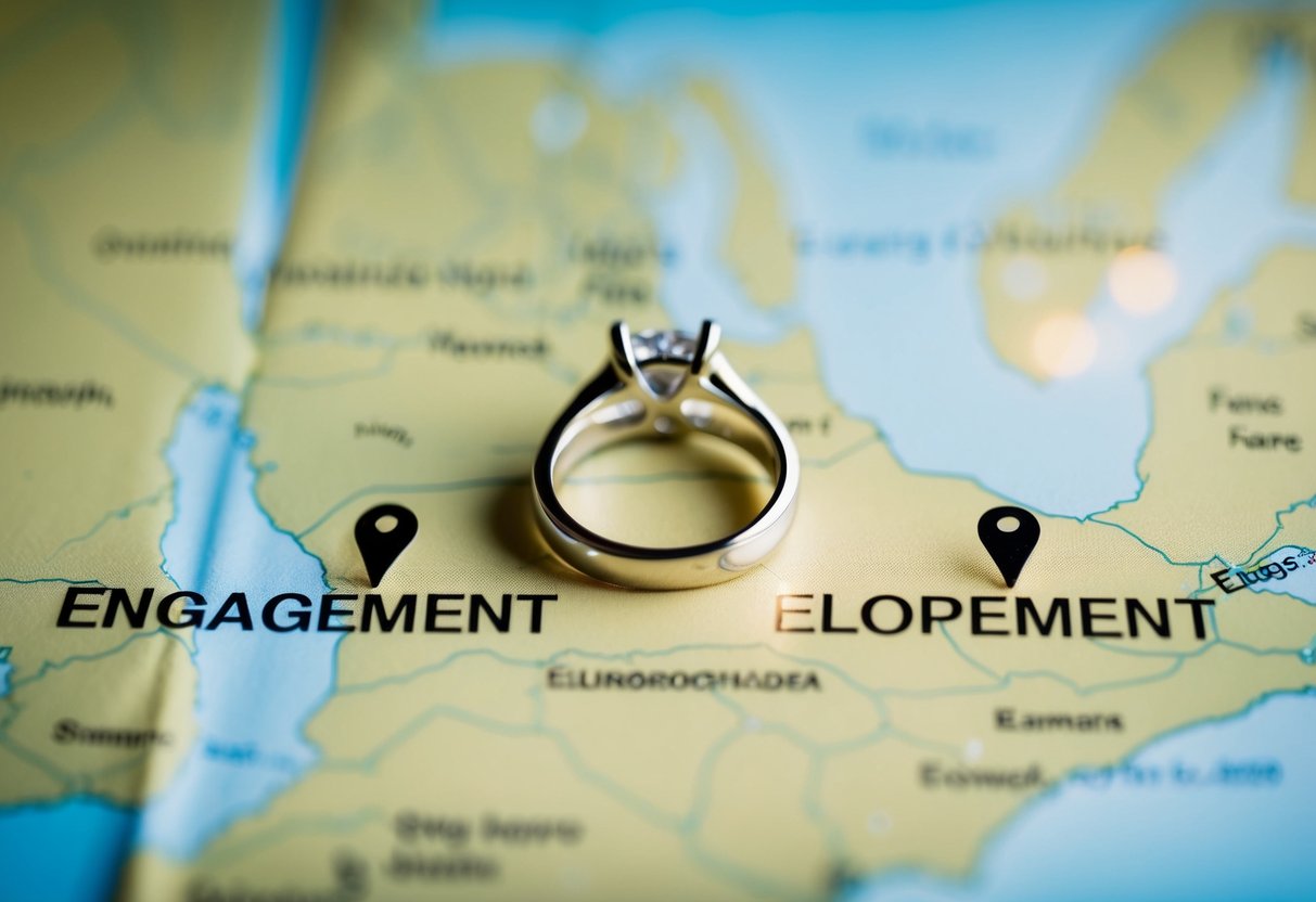 A ring placed on a map with two destinations marked, one labeled "engagement" and the other "elopement."