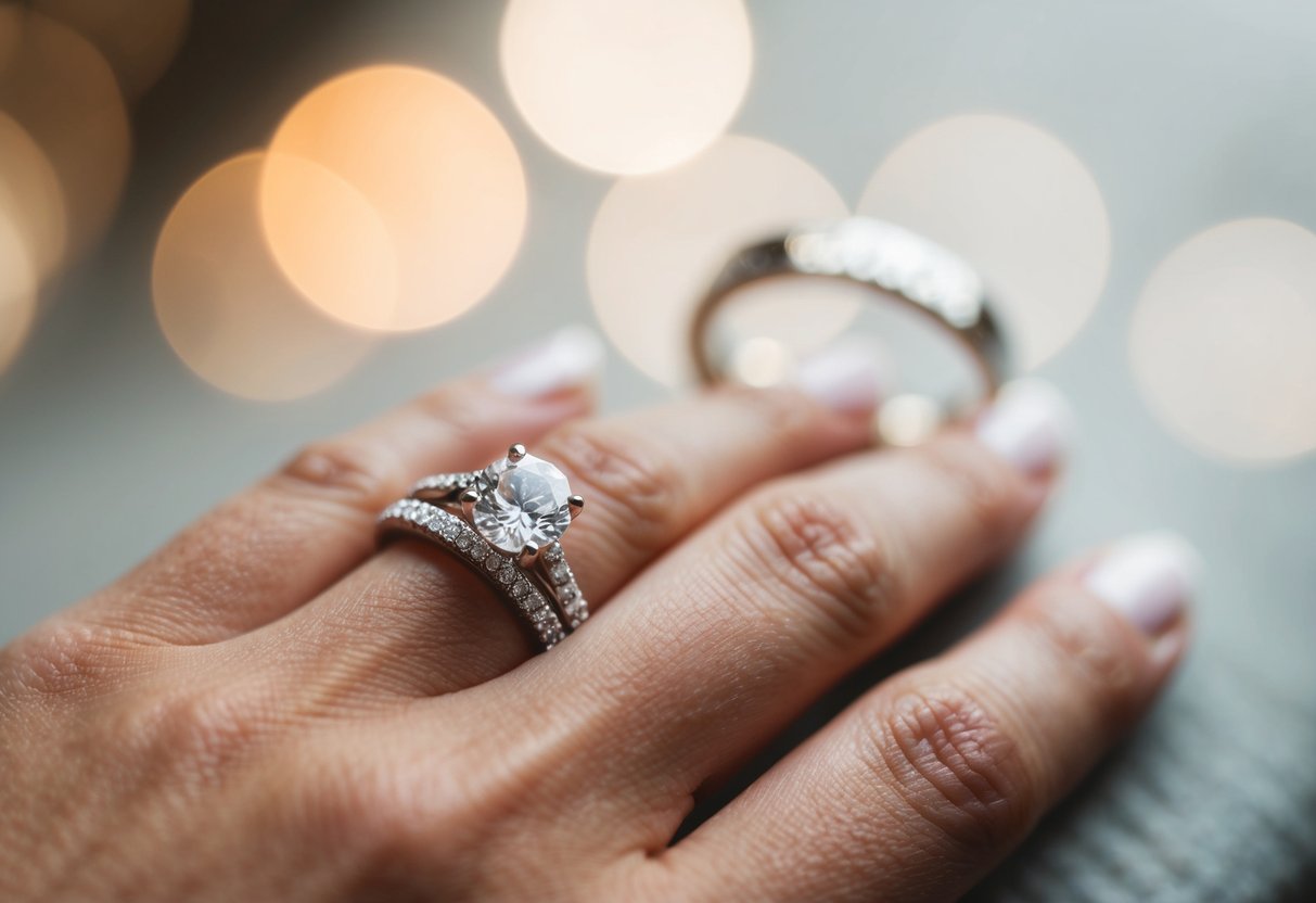 A wedding ring on a finger, with a second ring nearby
