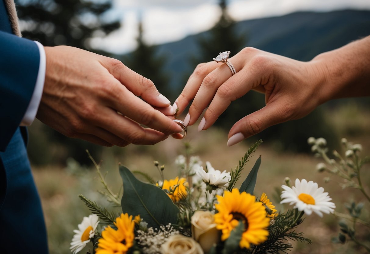 A couple exchanging rings in a rustic, outdoor setting, surrounded by natural elements like trees and flowers, symbolizing their commitment before eloping
