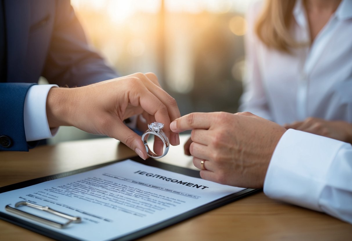 A wedding ring being removed and placed on a table, with a legal document and a puzzled expression