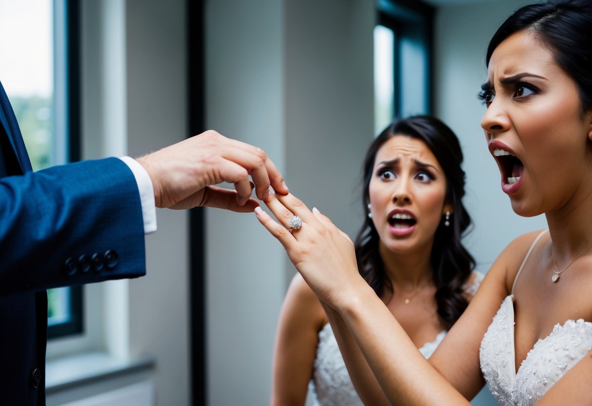 A wedding ring being placed on a finger by a person in a suit, while another person in a dress looks on with a mixture of shock and anger