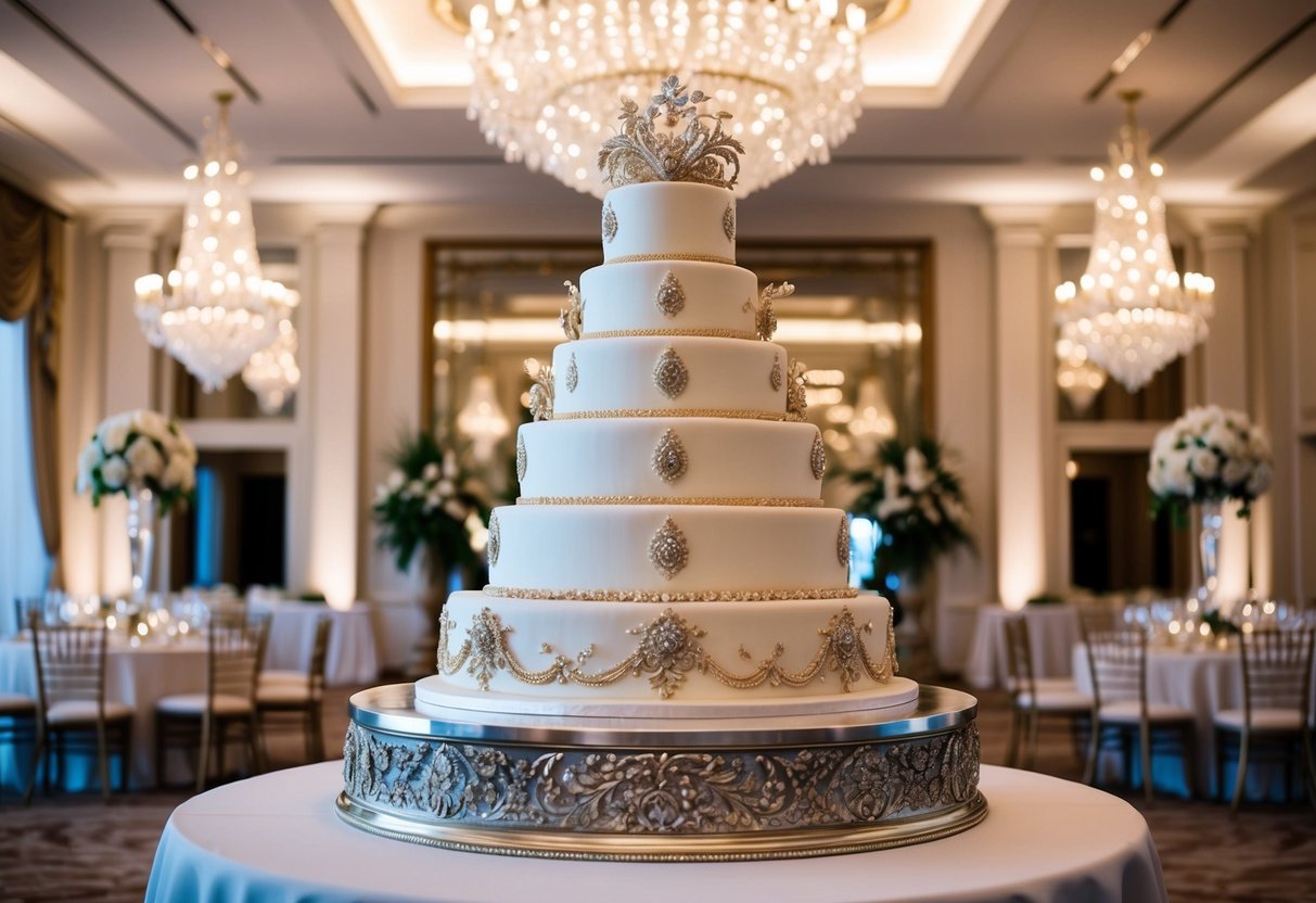 A grand, opulent wedding cake adorned with lavish decorations and intricate details, set against a backdrop of an elegant, upscale wedding reception venue