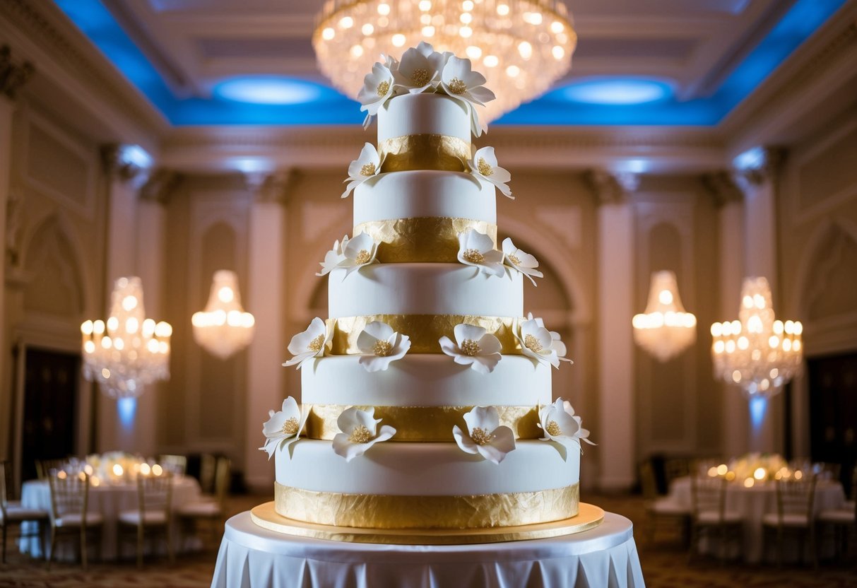 A grand, multi-tiered wedding cake adorned with intricate sugar flowers and gold leaf, displayed in an opulent ballroom with chandeliers and ornate decor