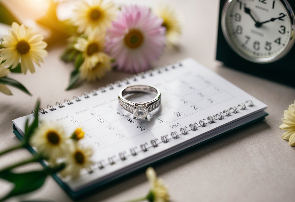 A wedding ring placed on a calendar, surrounded by flowers and a ticking clock