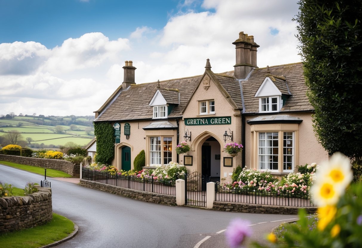 A quaint registry office in Gretna Green, with a picturesque view of the countryside, adorned with blooming flowers and a charming archway