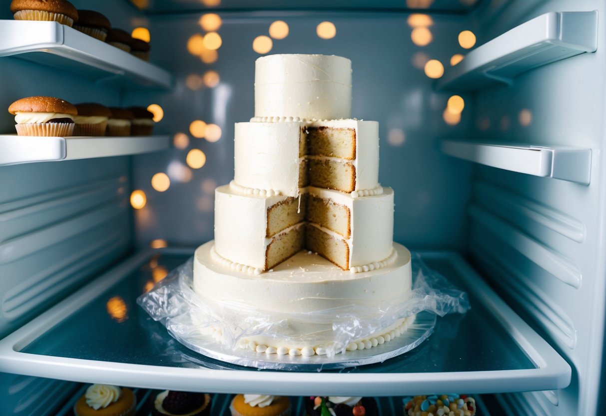 A tiered wedding cake with a slice missing, wrapped in plastic and stored in the refrigerator