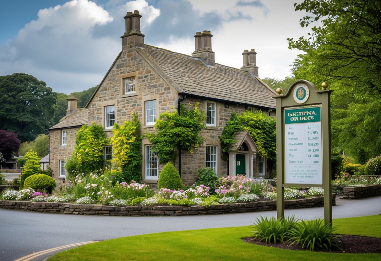 A quaint stone registry office in Gretna Green, surrounded by lush greenery and blooming flowers, with a sign displaying wedding prices