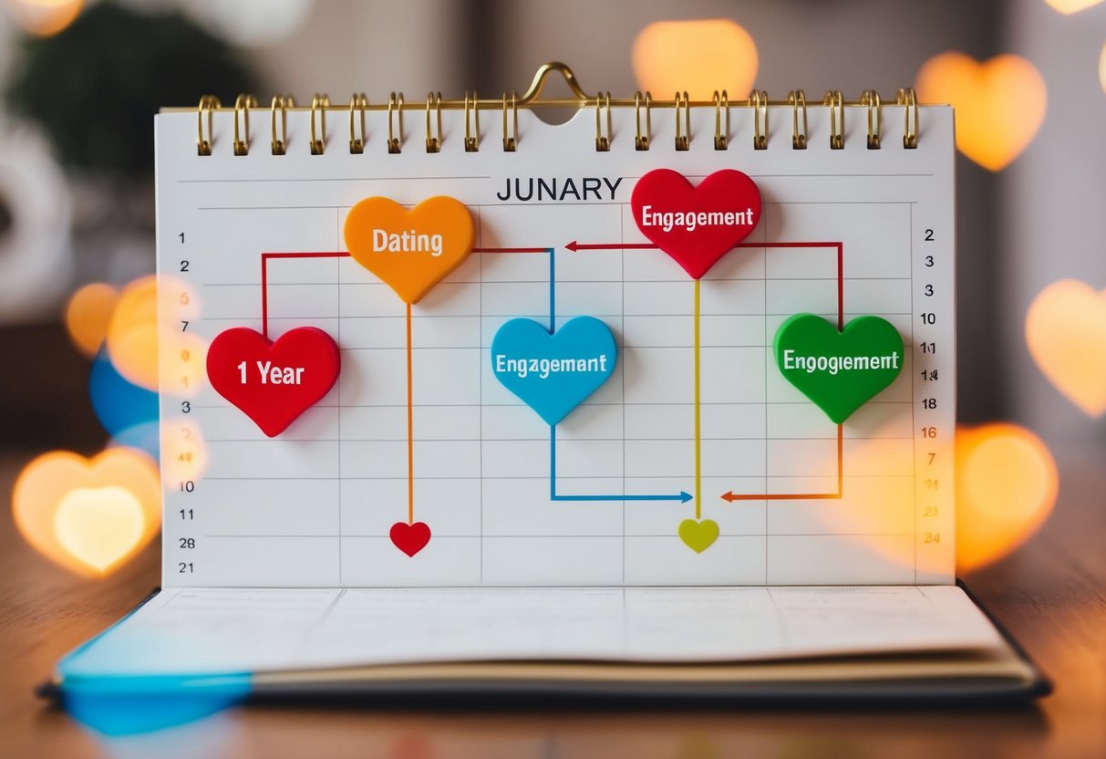 A calendar with a heart-shaped path showing the progression from dating to engagement in 1 year