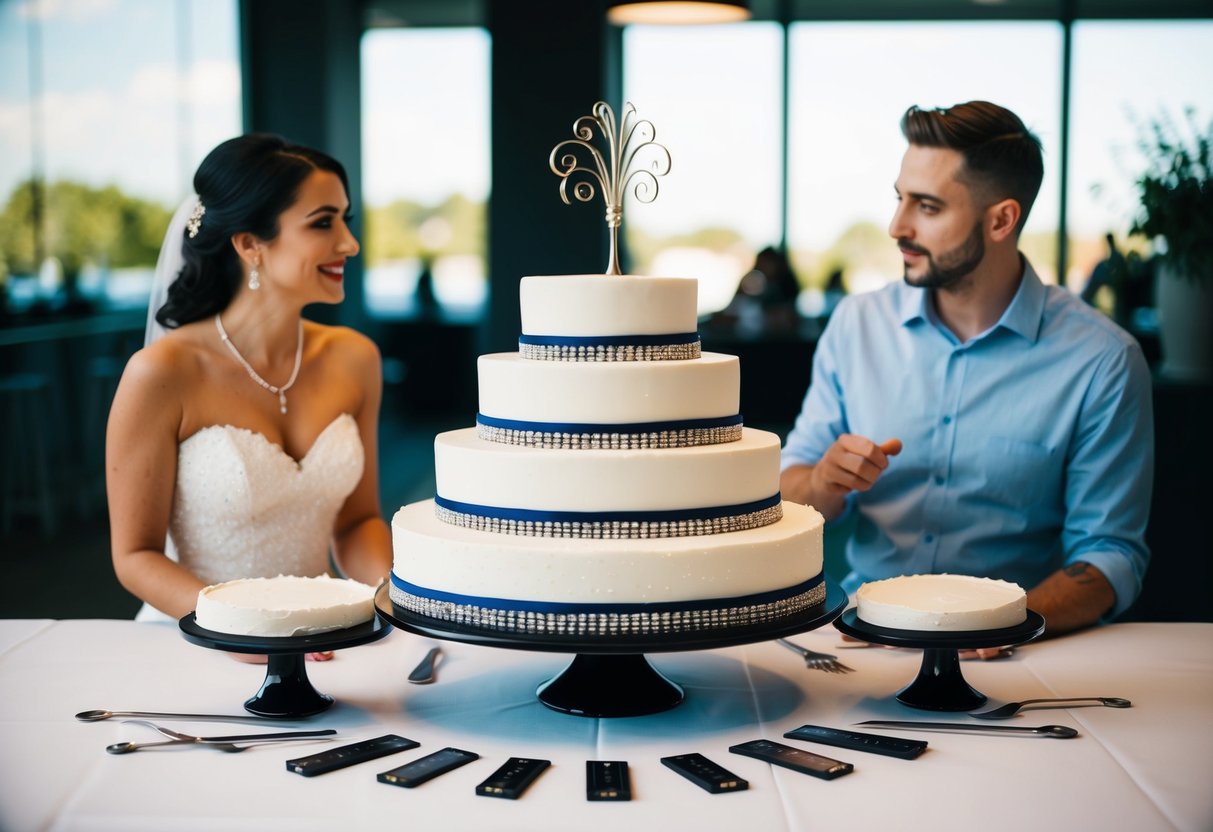 A wedding cake with different size options displayed on a table, surrounded by measuring tools and a couple discussing portion sizes