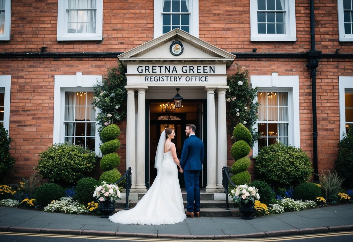 A couple stands at the entrance of the Gretna Green Registry Office, admiring the historic building and picturesque surroundings