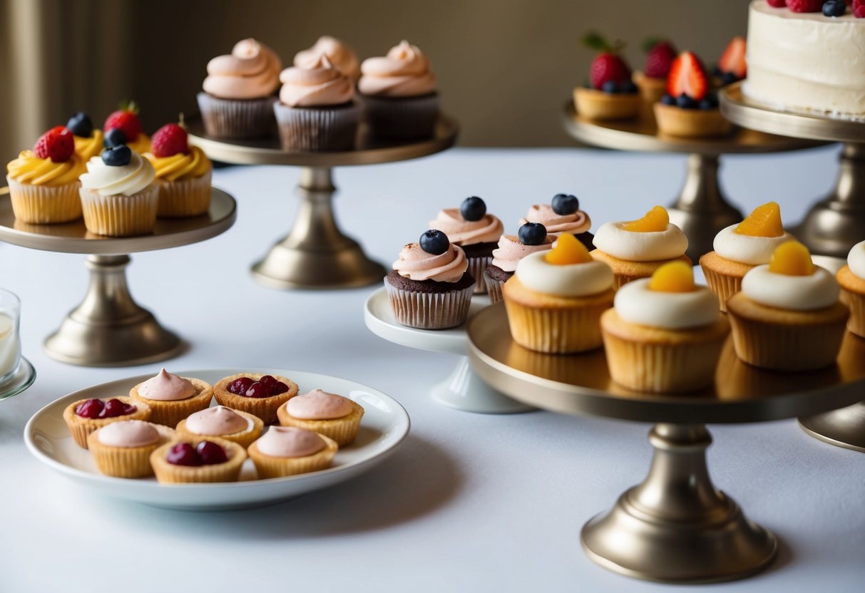 A table with various dessert options, including cupcakes, macarons, and fruit tarts, displayed on elegant stands. A small portion of wedding cake is being saved in a container