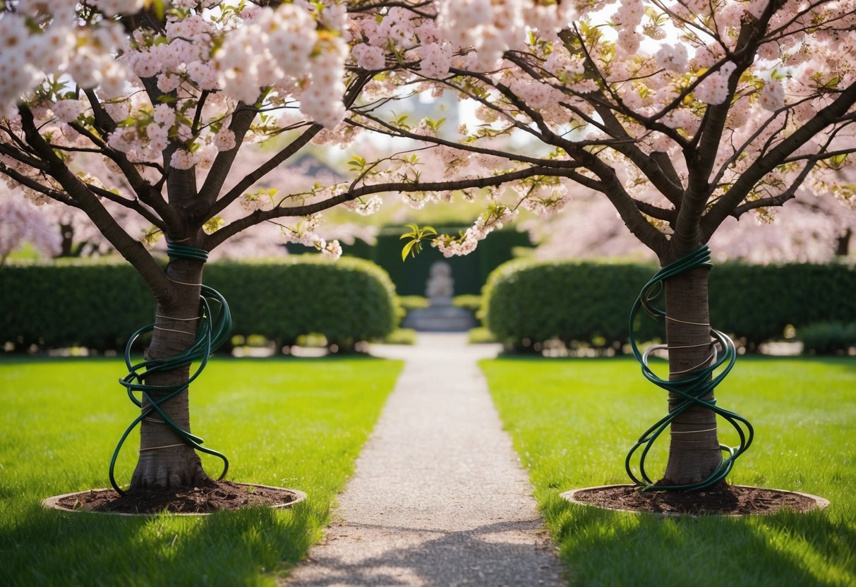 A serene garden with a blooming cherry blossom tree and two intertwined vines, symbolizing unity and growth