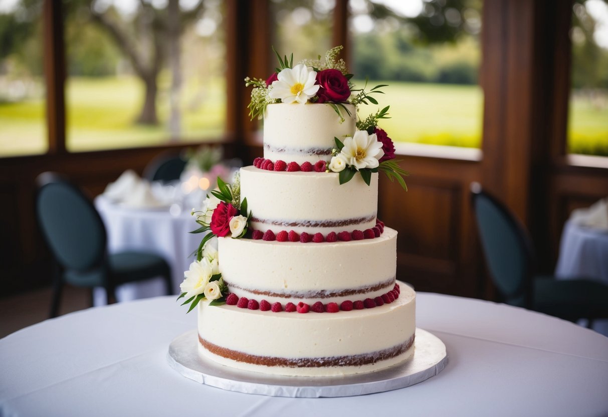 A three-tiered wedding cake with vanilla sponge, raspberry filling, and buttercream frosting, adorned with fresh flowers and delicate icing details