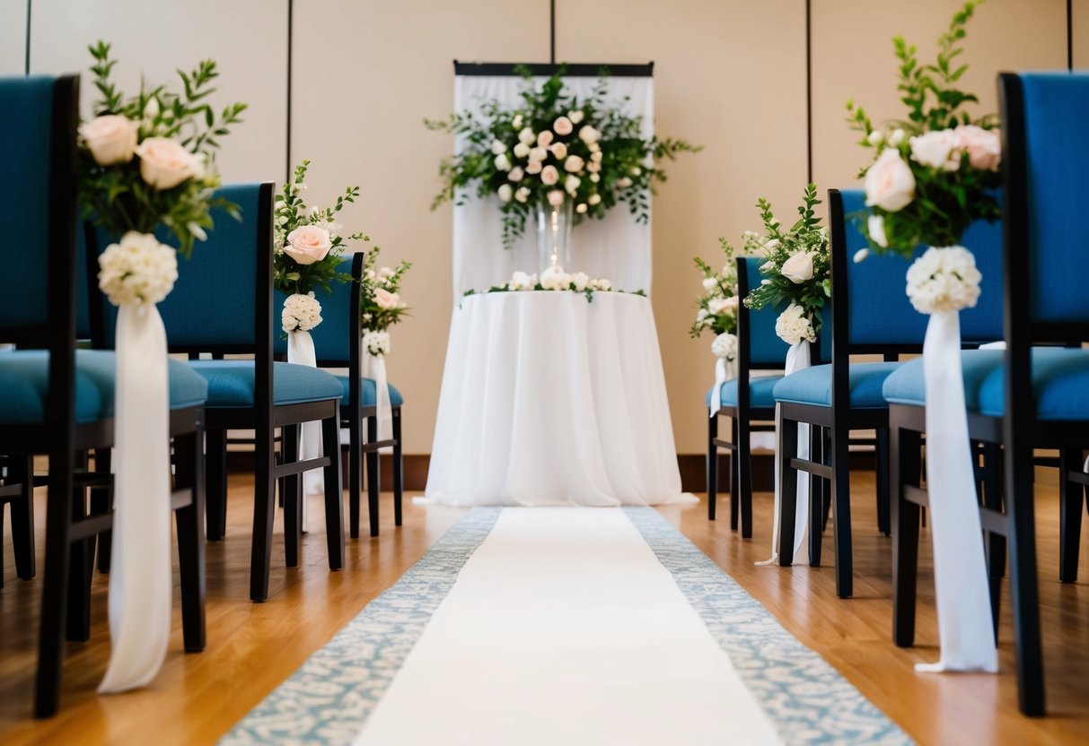 A registry office aisle with chairs and a table, adorned with flowers and a decorative runner, leading towards a simple yet elegant backdrop