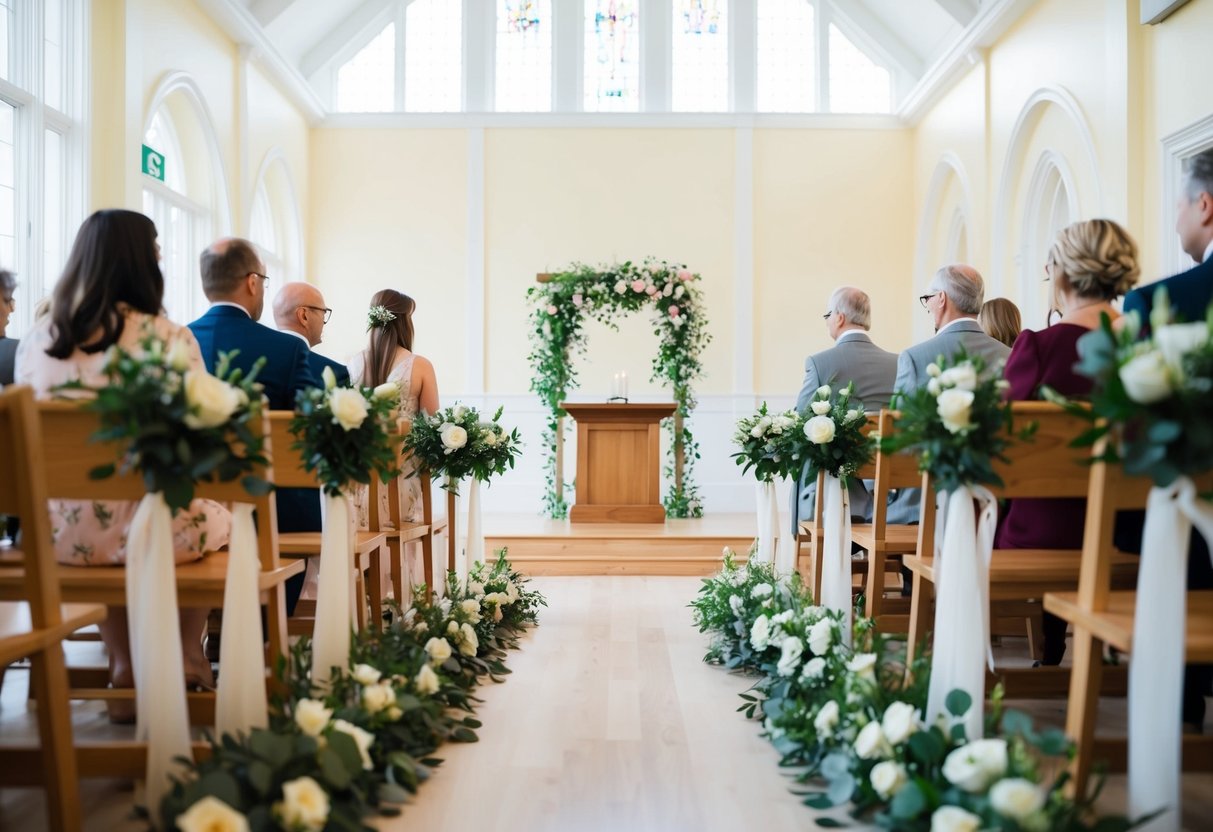 A floral-lined aisle leads to a simple wooden altar in a bright, airy registry office