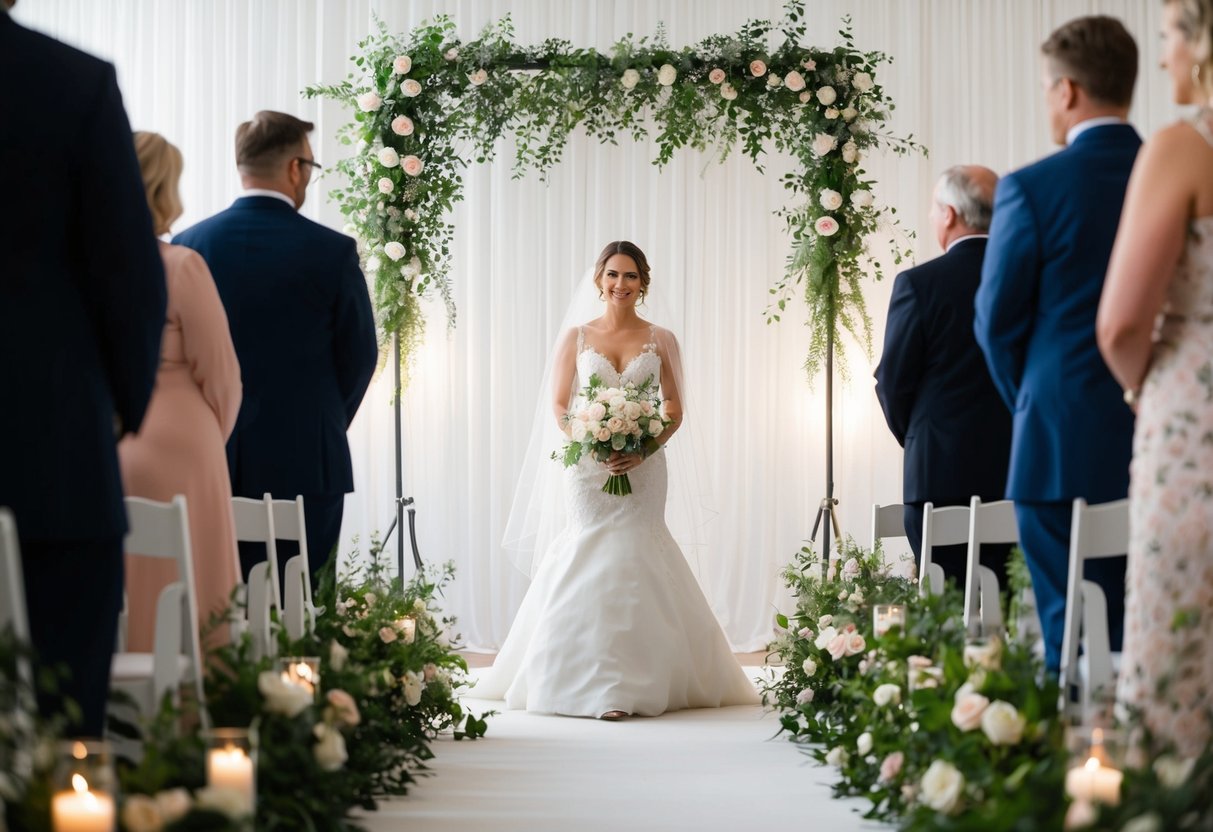 A bride stands at the end of the aisle, framed by soft lighting, with a simple yet elegant backdrop of flowers and greenery