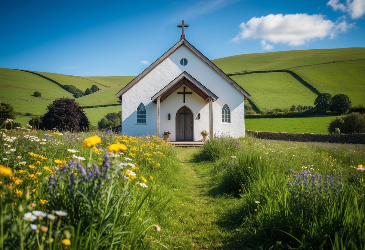 A quaint countryside chapel with wildflowers and a simple wooden altar, surrounded by rolling green hills under a bright blue sky