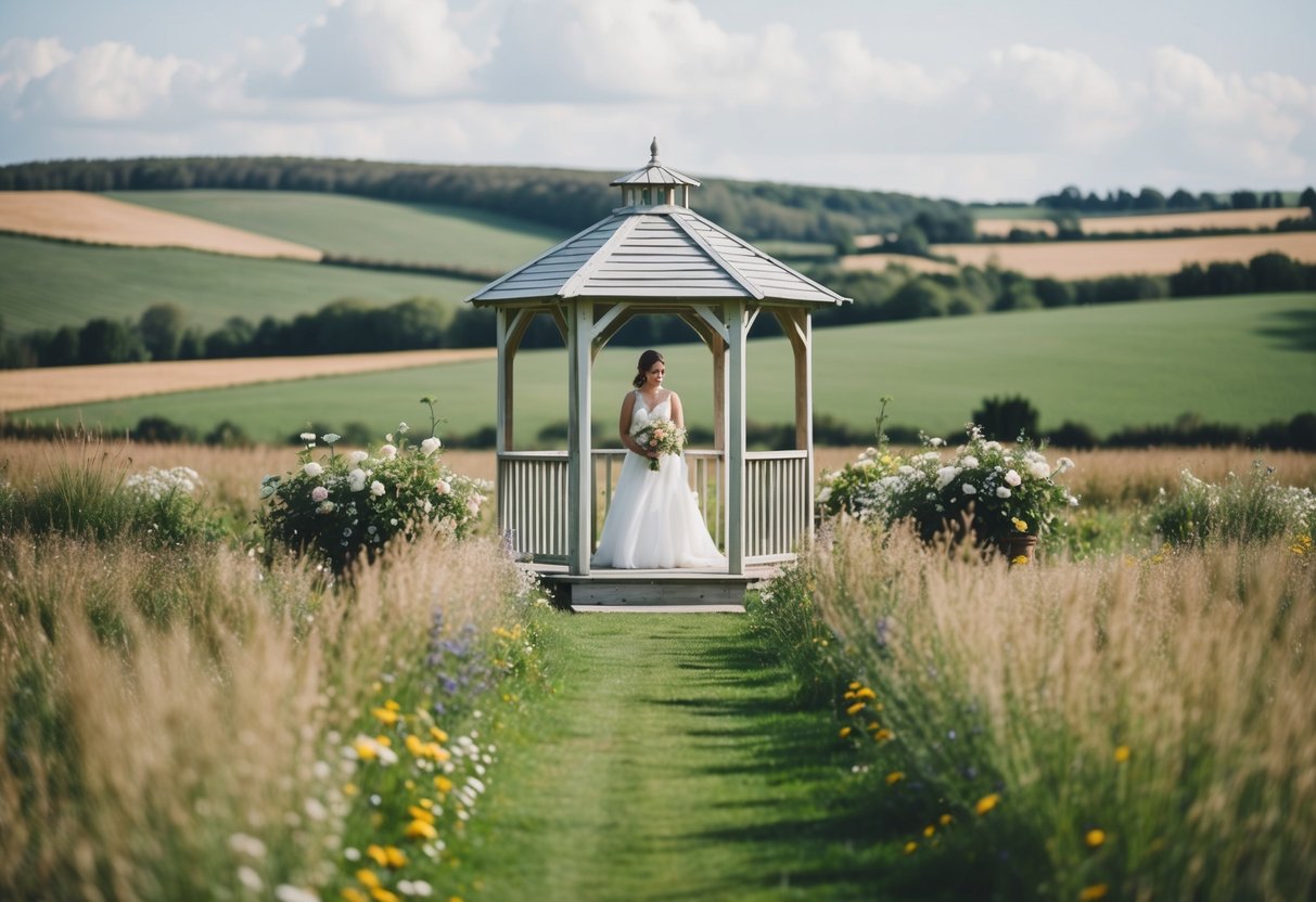 A simple outdoor wedding ceremony with a small gazebo, surrounded by wildflowers and a view of rolling hills in the UK countryside