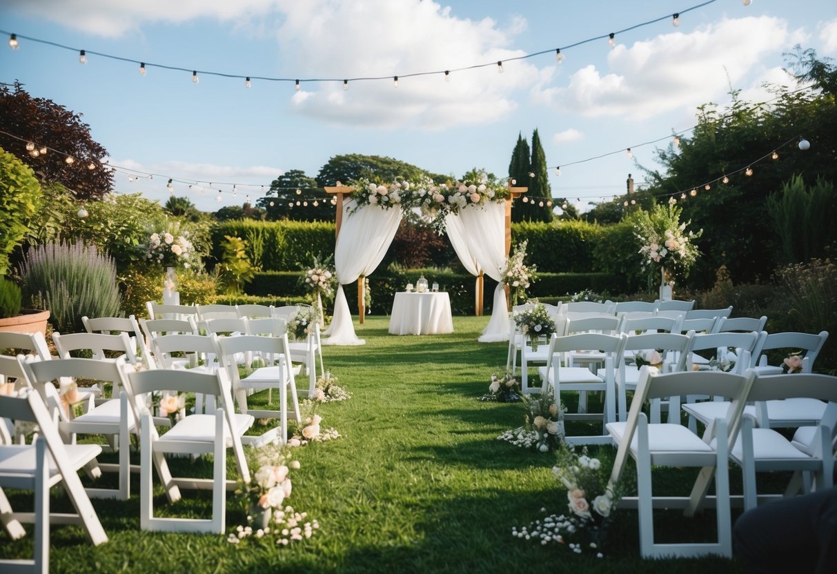 A simple outdoor wedding ceremony in a picturesque garden with DIY decorations and a small, budget-friendly reception under a canopy