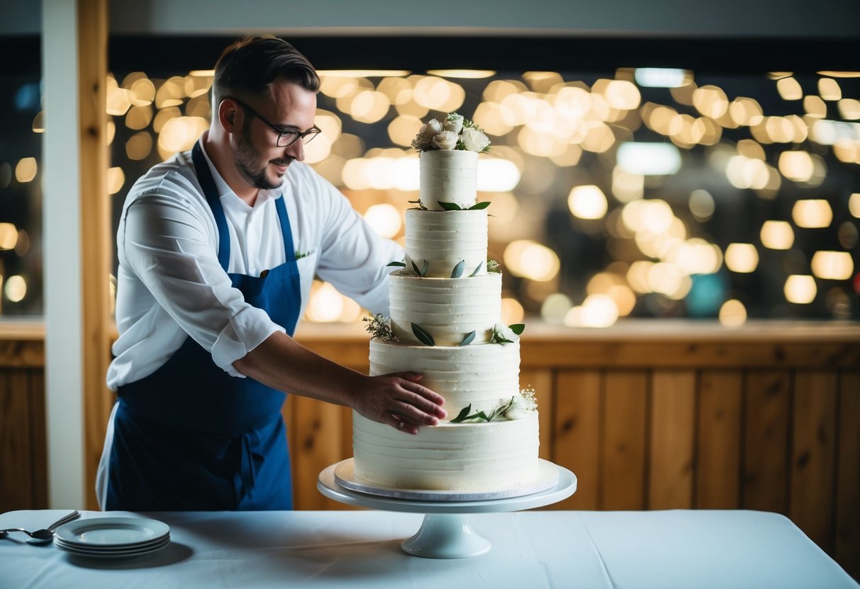 A baker carefully stacks tiers of a wedding cake on a sturdy table the night before the big day