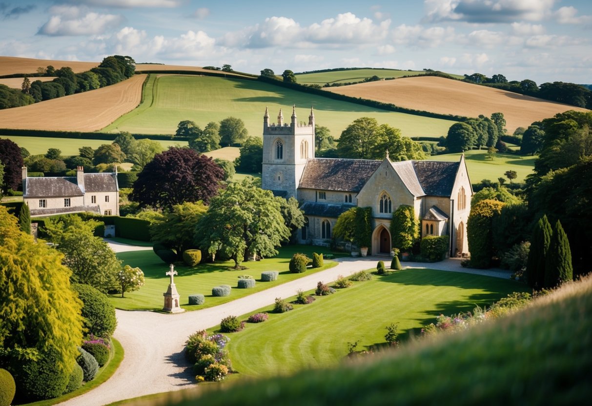A picturesque countryside wedding venue with rolling hills, a charming stone church, and a grand manor house surrounded by lush gardens
