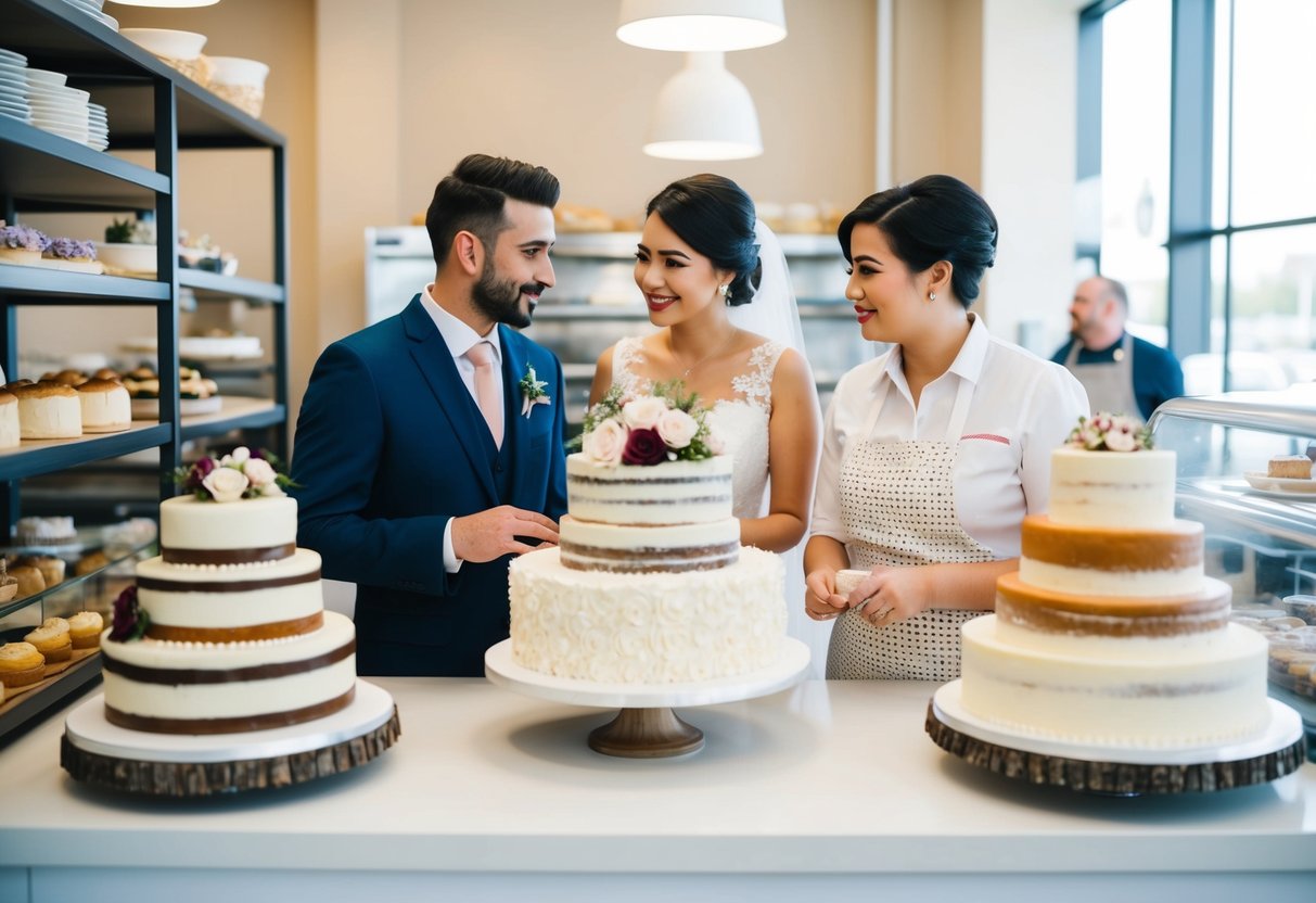 A couple discussing wedding cake options at a bakery, looking at different sizes and styles while a baker offers cost-saving suggestions