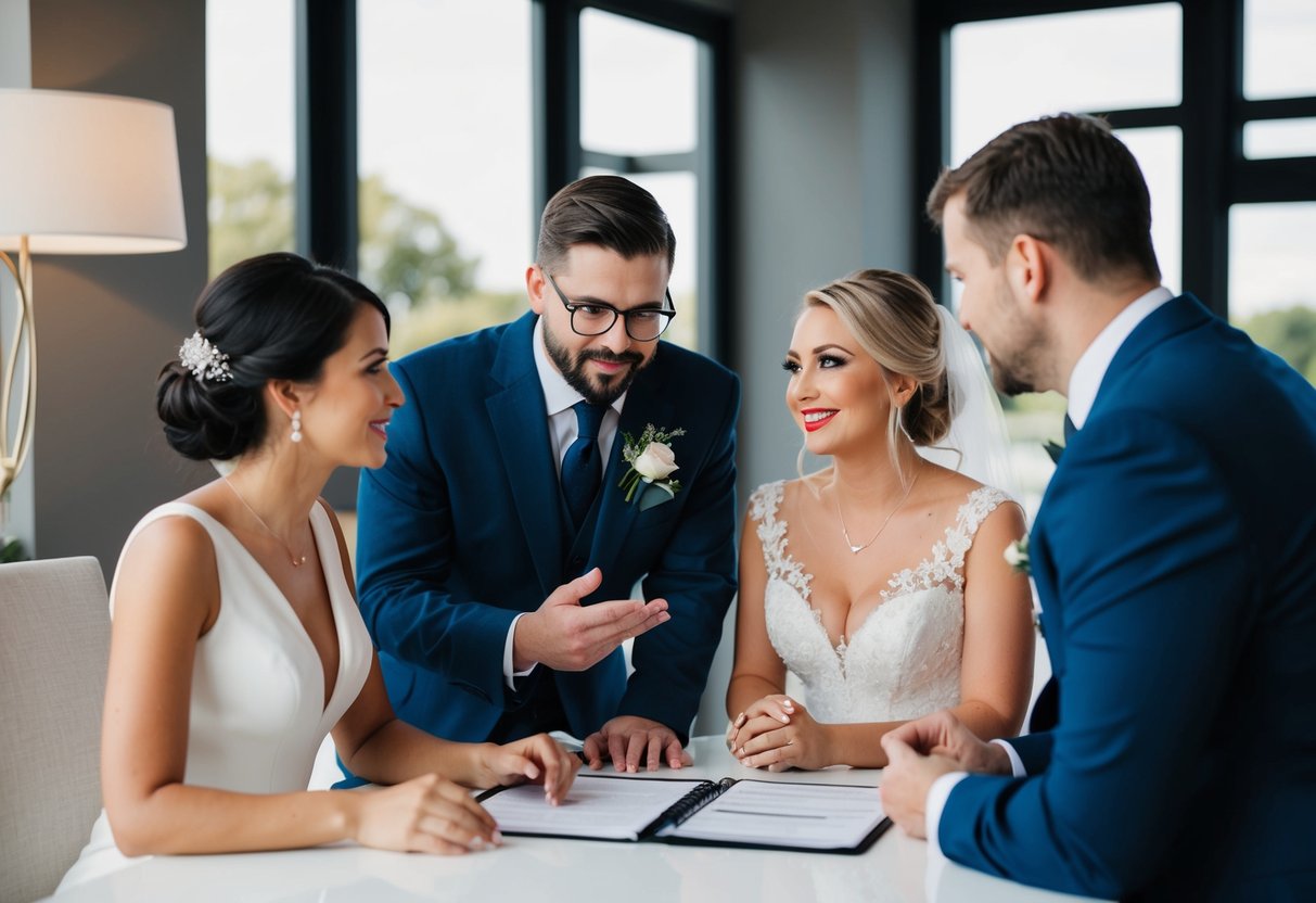 A bride and groom meeting with a wedding planner, discussing budget and services
