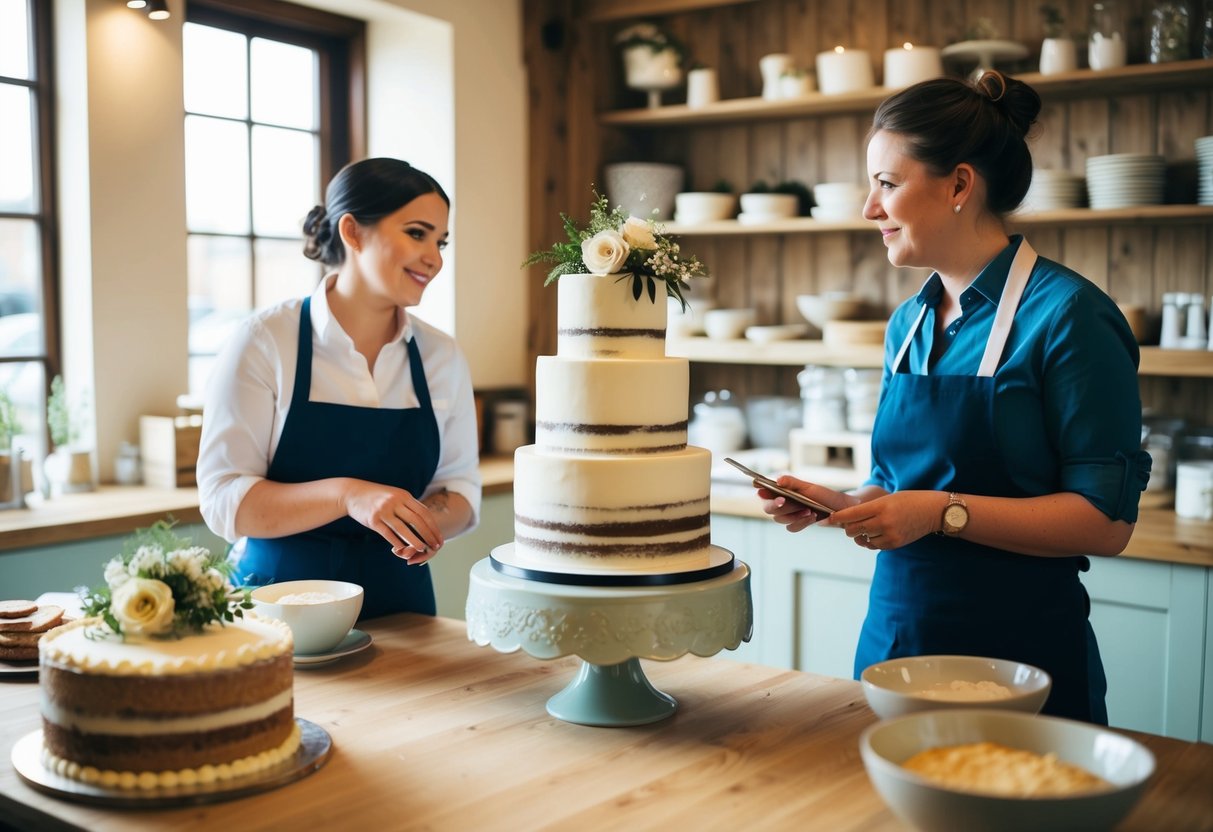 A cake designer and venue rep discussing budget-friendly wedding cake options in a cozy, sunlit bakery in the UK