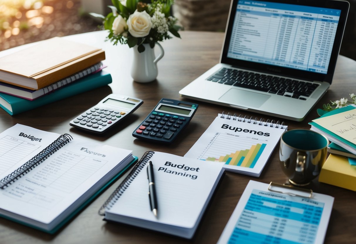 A table covered in wedding planning books, a calculator, and a notepad with budget figures. A laptop open to a spreadsheet of expenses