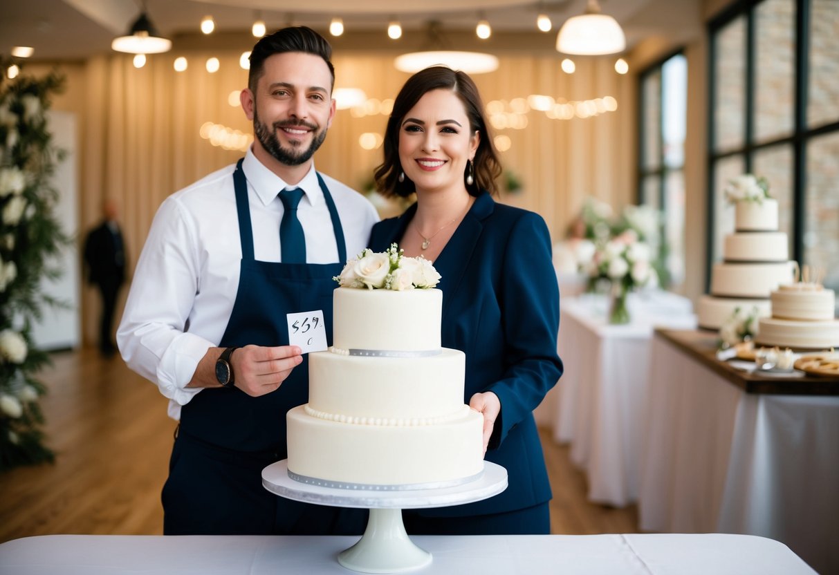 A couple standing in front of a tiered wedding cake with a baker holding a price tag