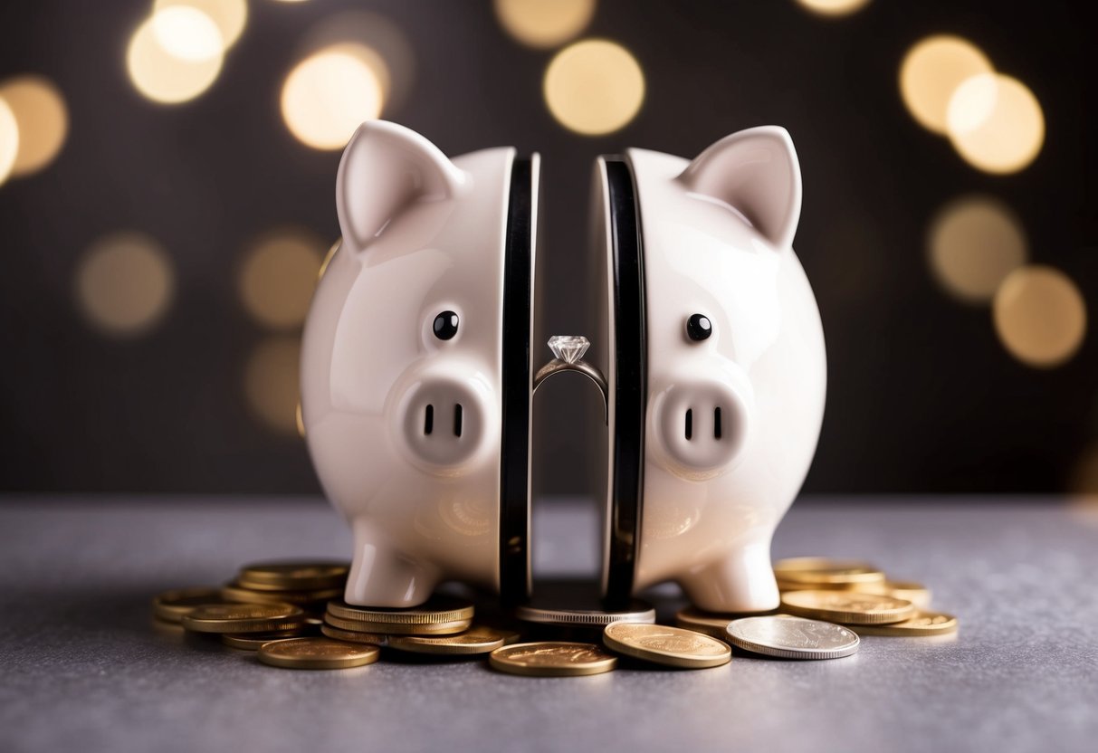 A piggy bank with two halves coming together, surrounded by coins and a wedding ring