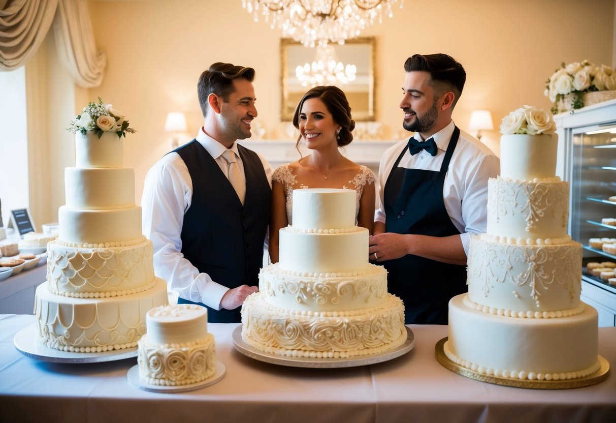 A couple stands in front of a display of intricately designed wedding cakes, discussing options with a baker. The room is filled with the sweet scent of frosting and the sound of soft music playing in the background