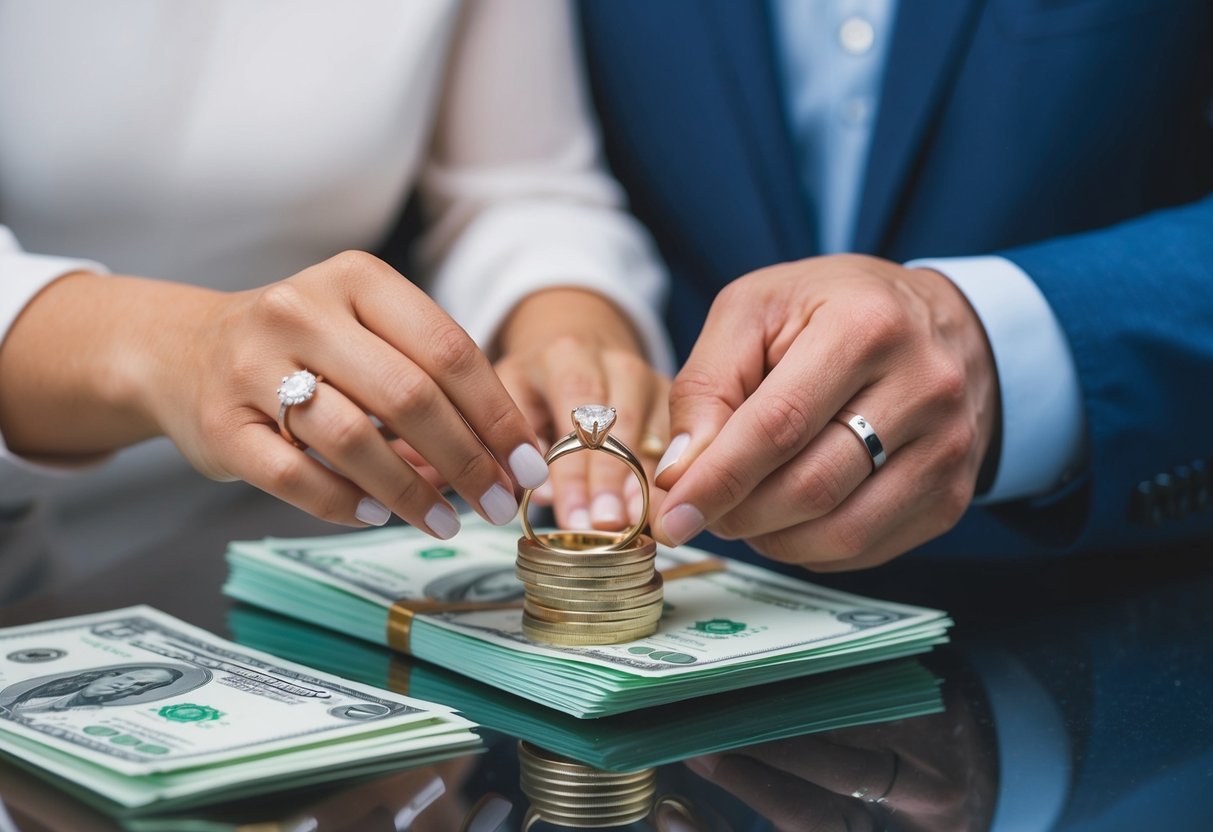 A couple's hands placing wedding rings on a stack of money and retirement documents