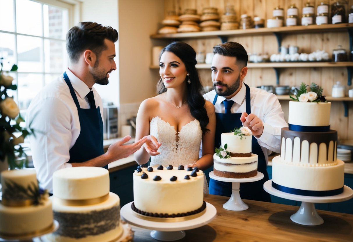 A couple discussing wedding cake options with a baker in a cozy bakery. The baker presents a variety of cake designs and flavors for the couple to consider