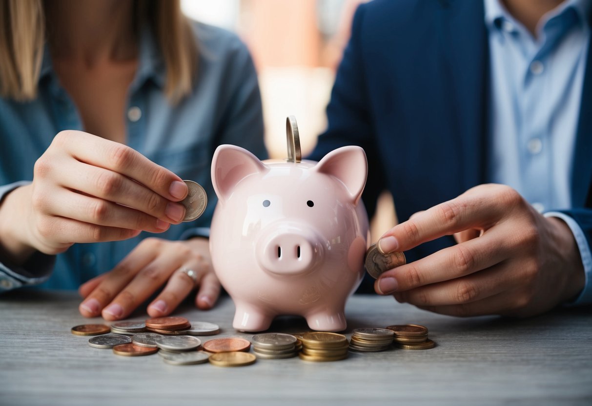 A couple's hands placing coins into a shared piggy bank
