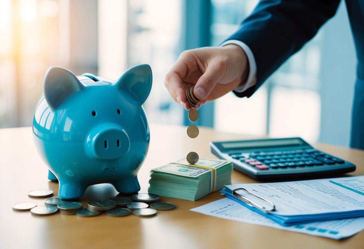 A piggy bank being filled with coins while a stack of bills and a budget spreadsheet are laid out on a table